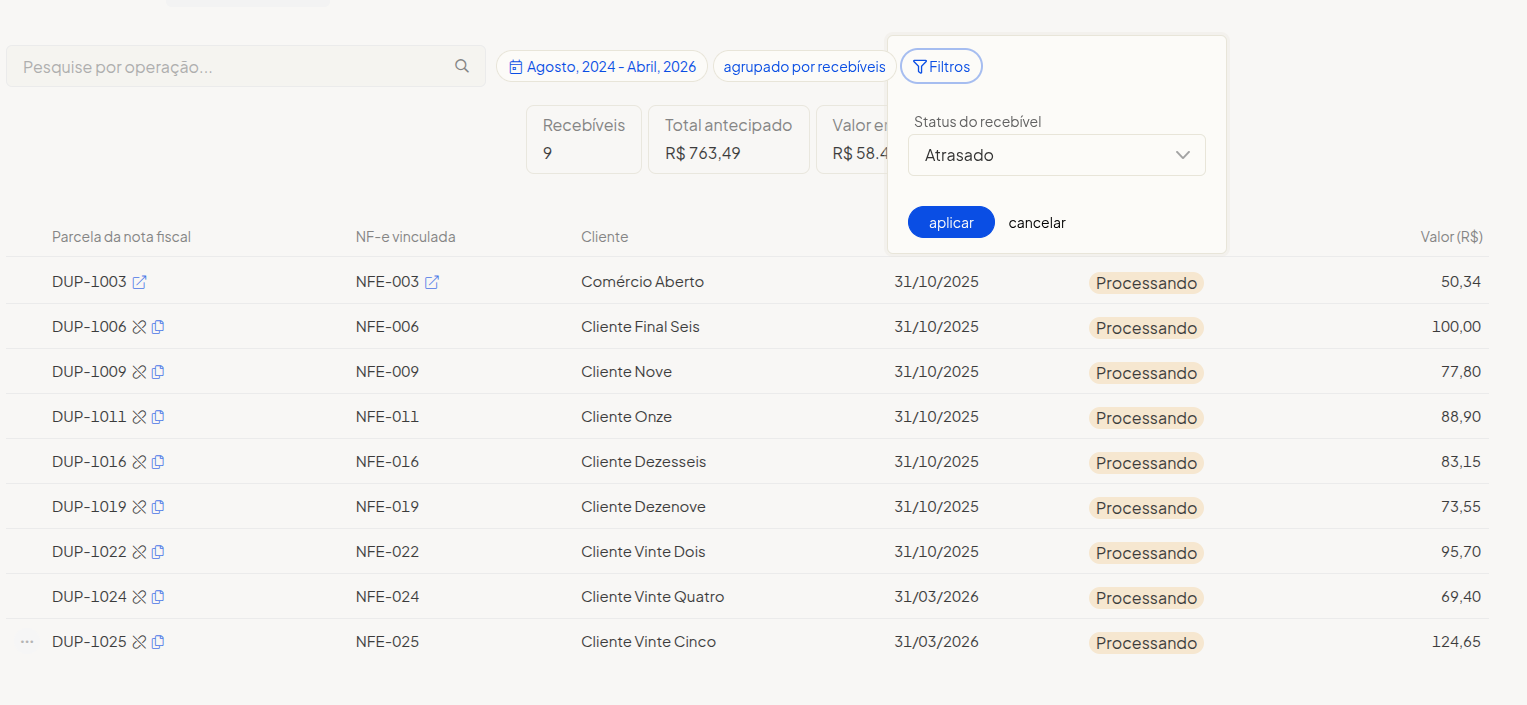 Filtro de atrasado na listagem de antecipações