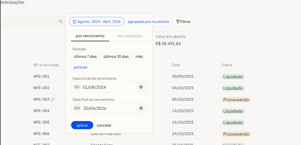 Filtro de período por vencimento ou data da operação