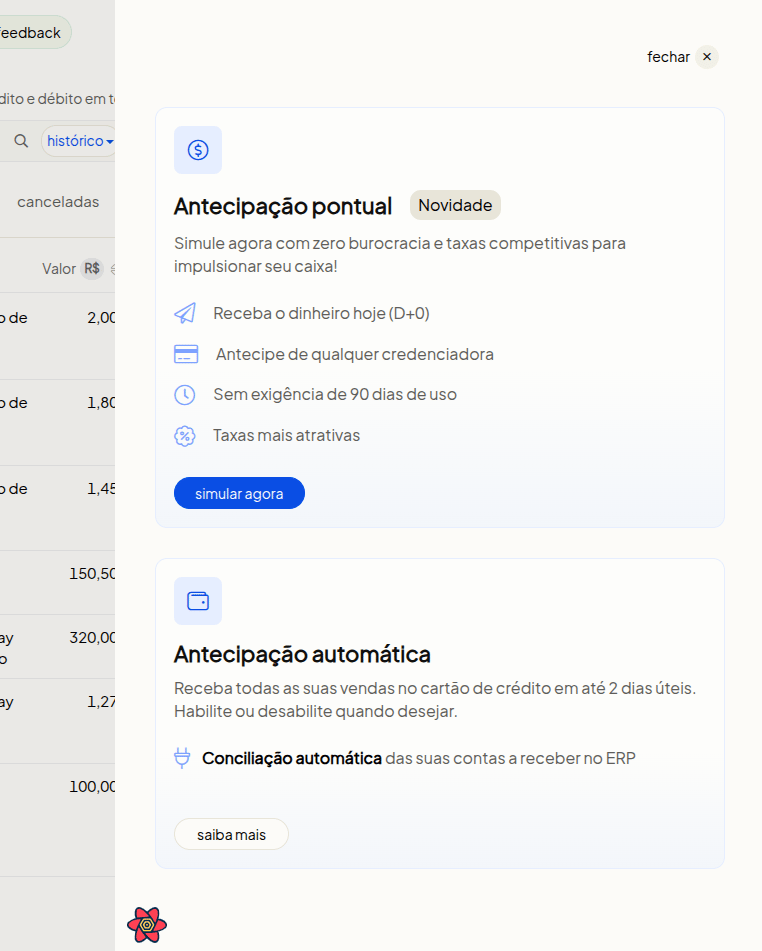 Novo modal de antecipação de crédito nas Transações de Vendas