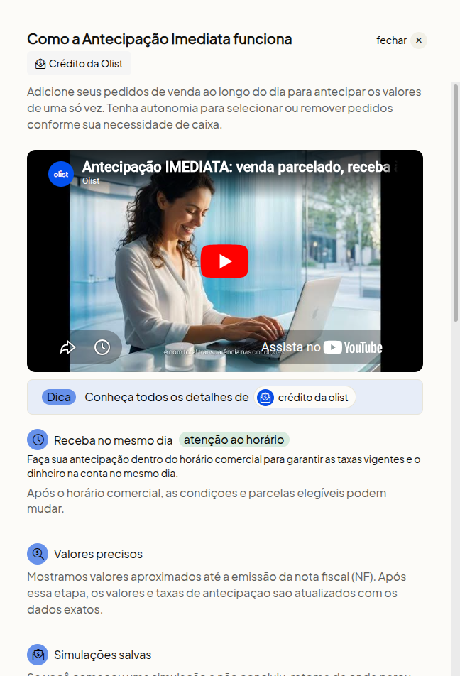 Modal de como funciona a antecipação imediata atualizado