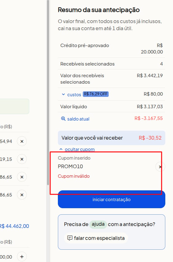Desconto do cupom refletido no resumo da simulação