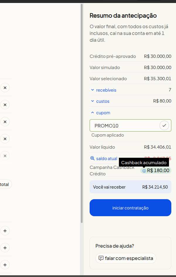 Cashback acumulado no resumo da simulação