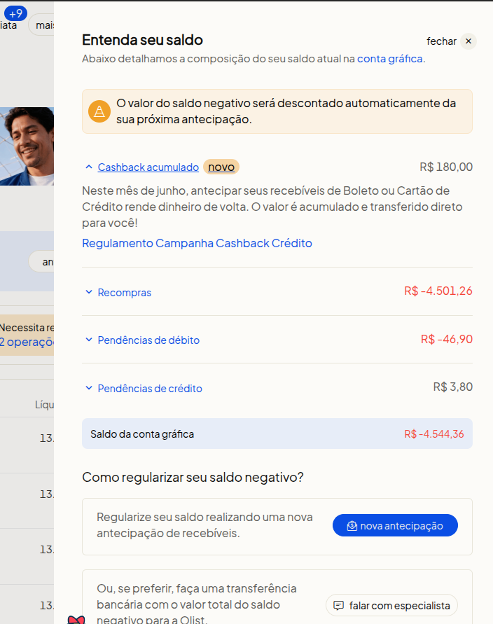Cashback acumulado exibido no painel de saldo