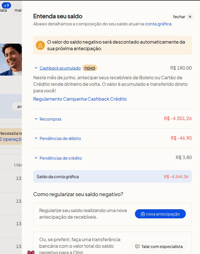 Cashback acumulado exibido no painel de saldo