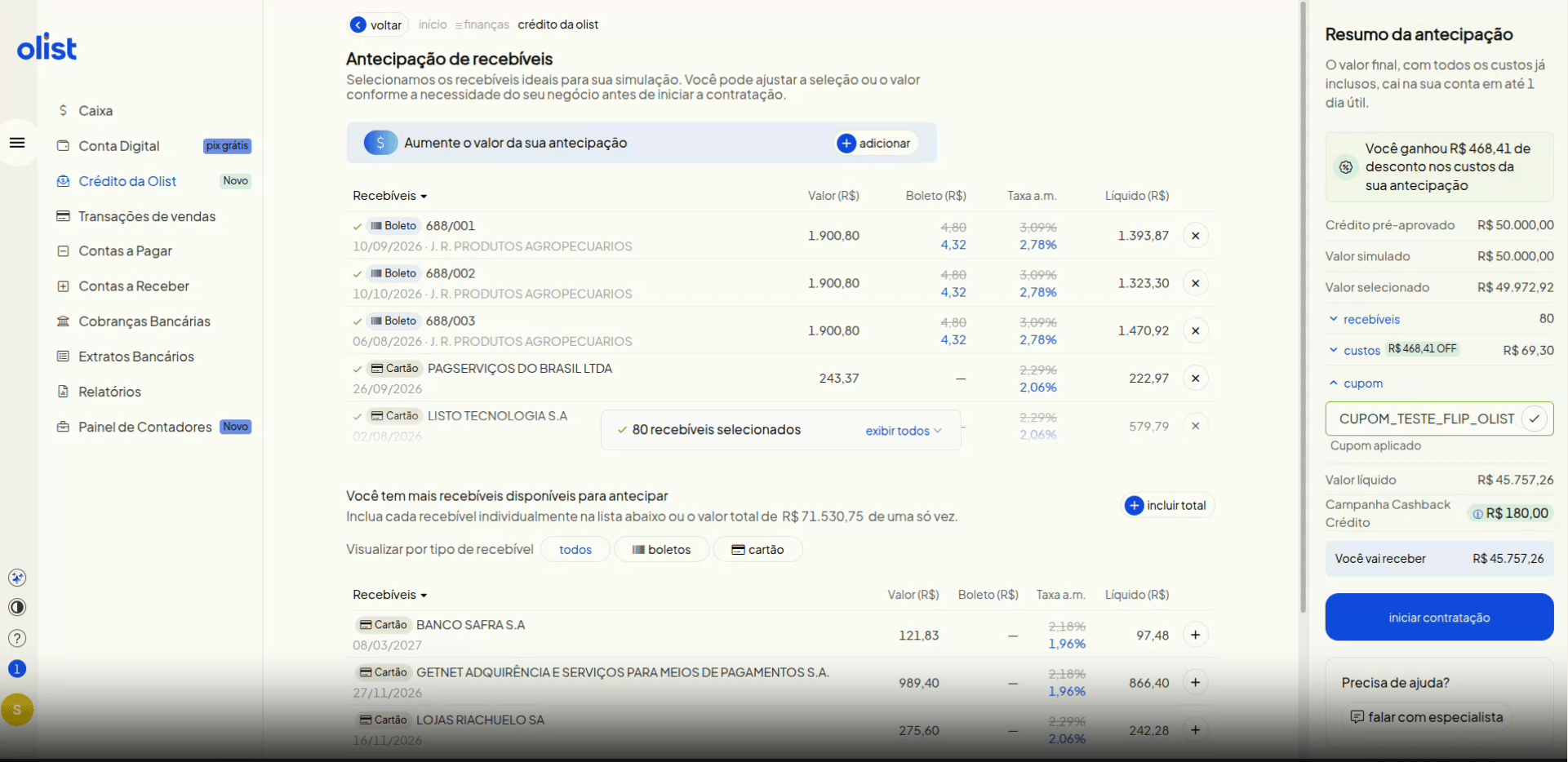 Desconto de cupom refletido na listagem de recebíveis
