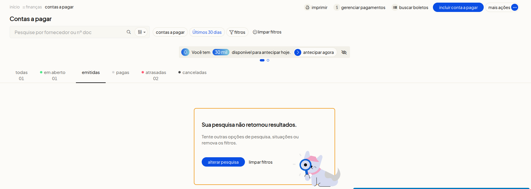 Banner de incentivo para nova antecipação exibido na tela de contas a pagar