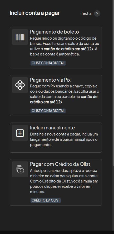 Nova opção de crédito no modal de pagamento de conta
