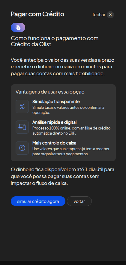 Modal com simulação de crédito que leva ao módulo de Crédito