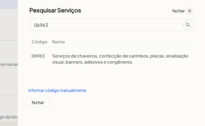 Exemplo de código de serviço corrigido para São Paulo