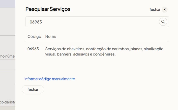 Exemplo de código de serviço corrigido para São Paulo