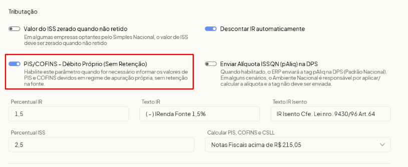 Tipo de retenção ajustado para o padrão do Ambiente Nacional