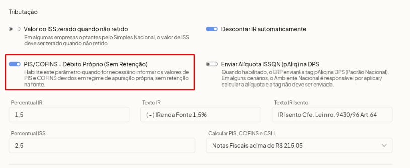 Tipo de retenção ajustado para o padrão do Ambiente Nacional