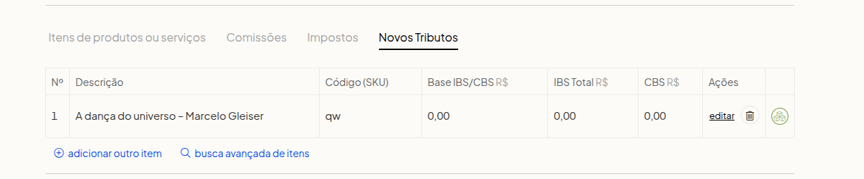 Nova aba de Novos Tributos no pedido de venda