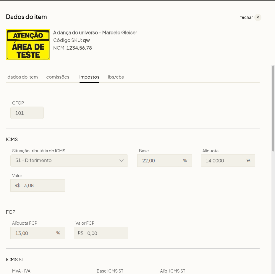 Aba de impostos por item no pedido de venda