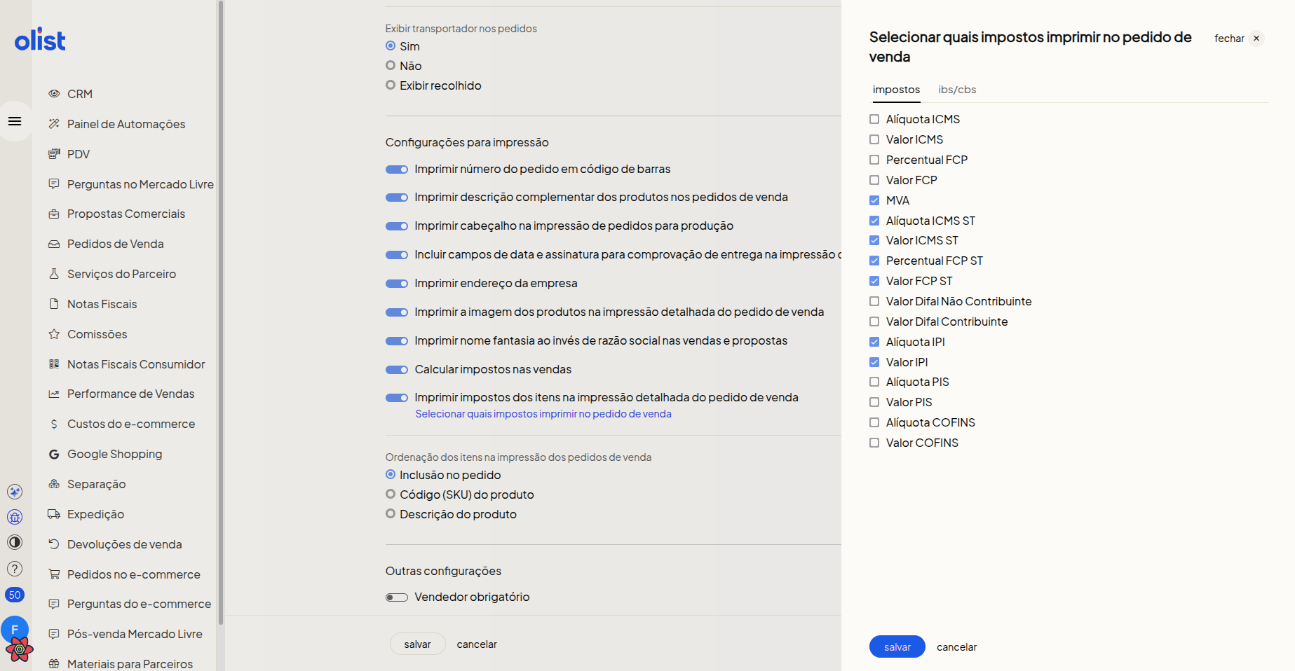 Modal de seleção de impostos para impressão detalhada do pedido