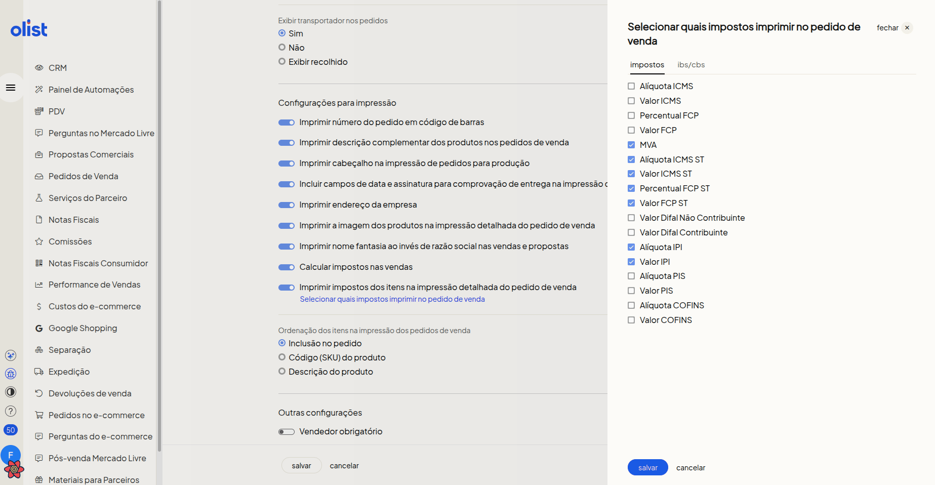 Modal de seleção de impostos para impressão detalhada do pedido
