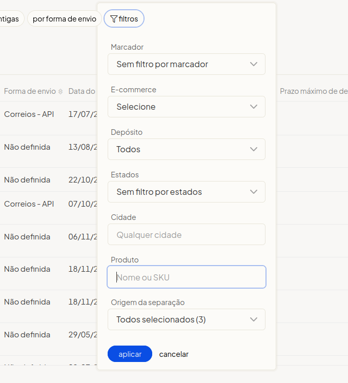 Filtro por produto na tela de separação