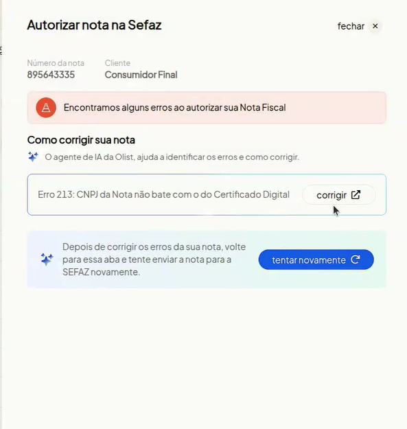 Aviso exibido quando a Sefaz retorna uma rejeição — o Agente de IA está pronto para ajudar
