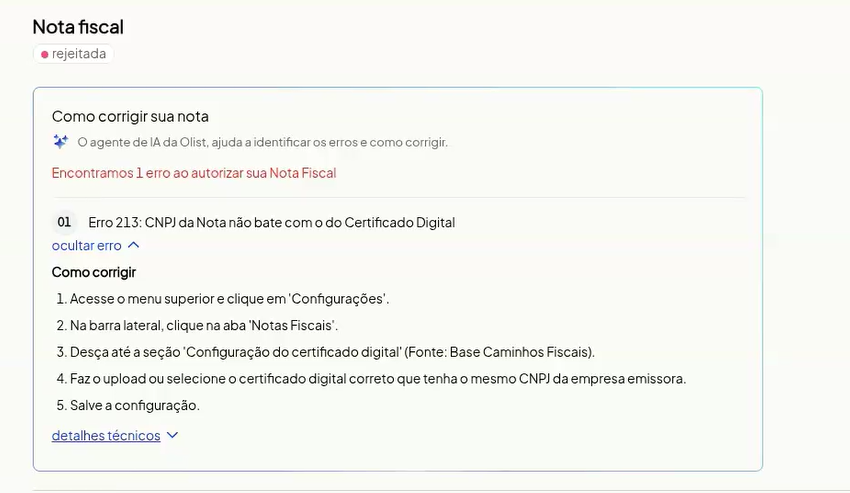 Detalhes do erro expandidos com ações para corrigir e prevenir