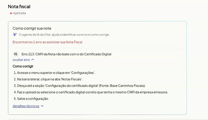 Detalhes do erro expandidos com ações para corrigir e prevenir