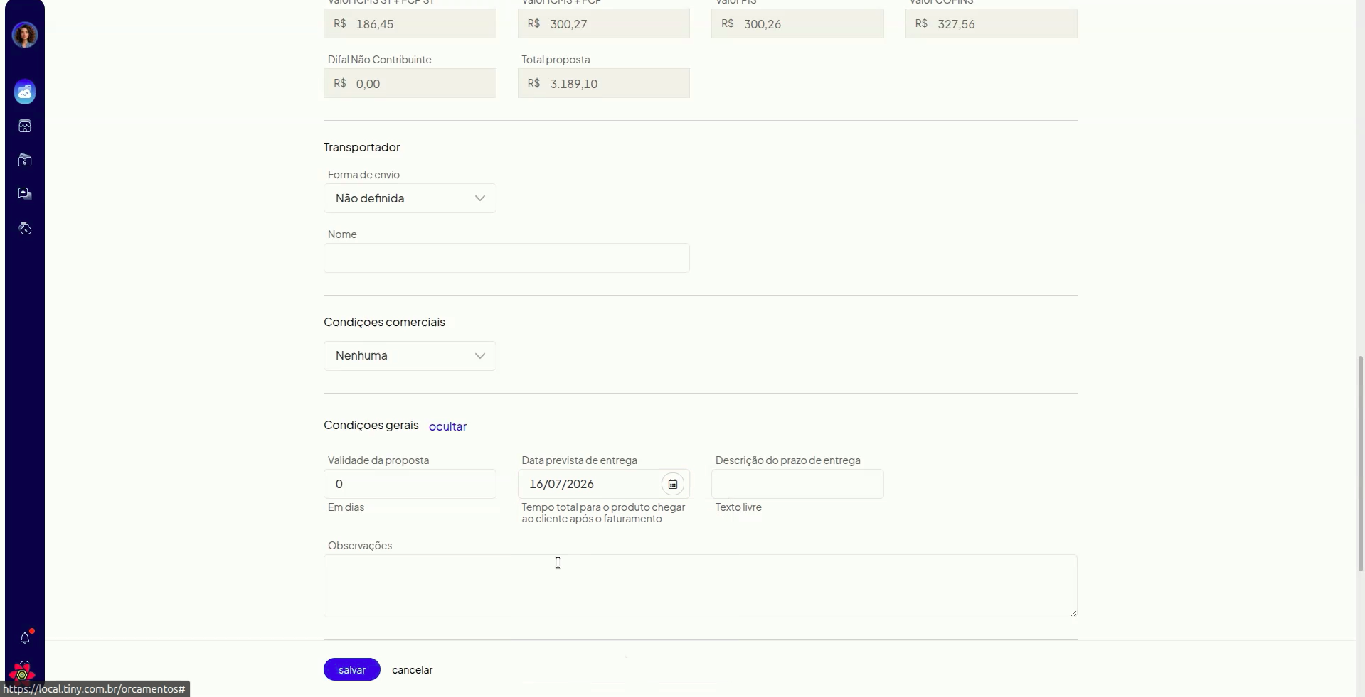 Campo de data prevista de entrega na proposta comercial