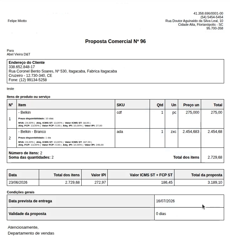 Informações de prazo e entrega na impressão da proposta comercial