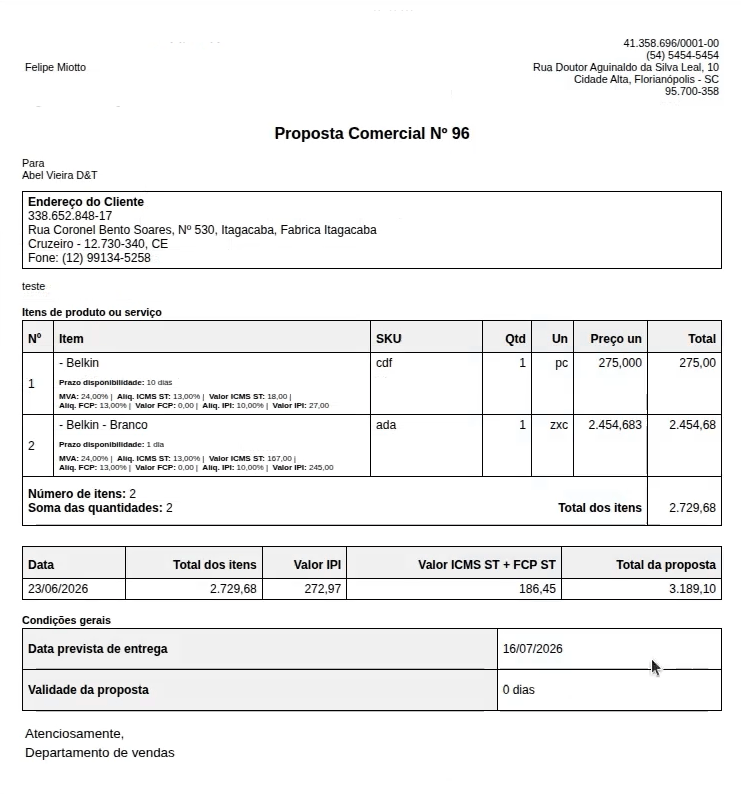 Informações de prazo e entrega na impressão da proposta comercial