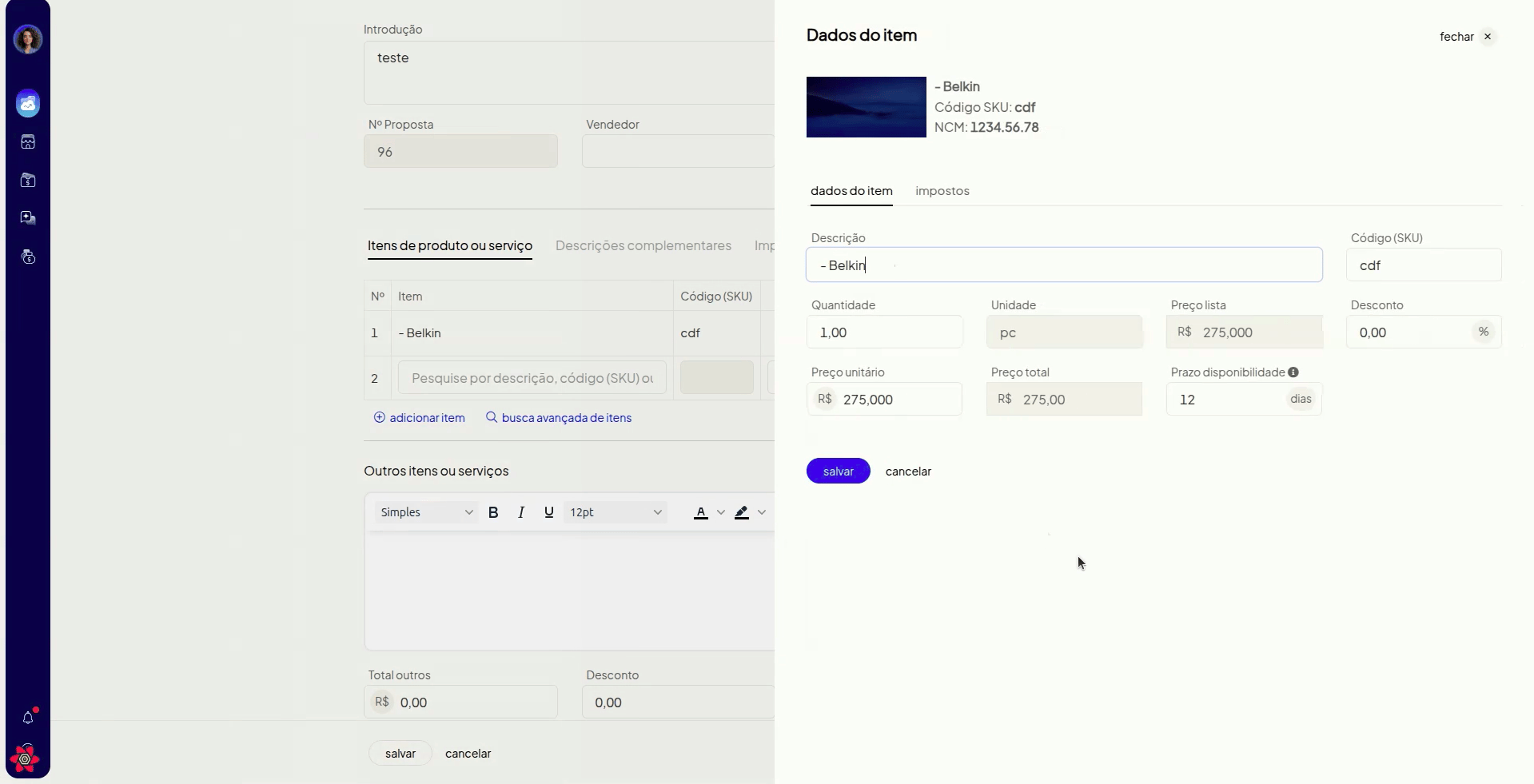 Campo de prazo de disponibilidade do item na proposta comercial — produto com prazo configurado