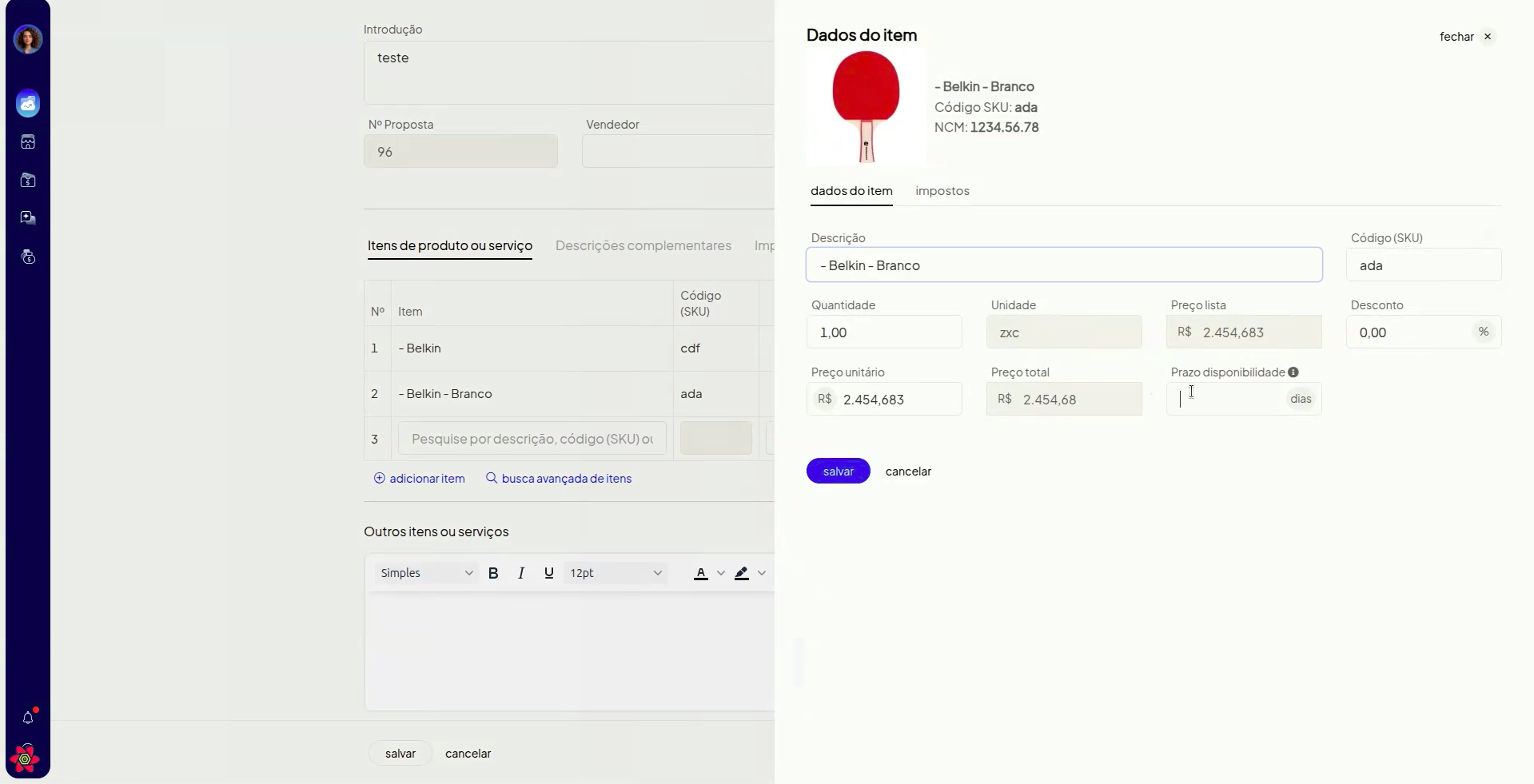 Campo de prazo de disponibilidade do item na proposta comercial — produto sem prazo configurado
