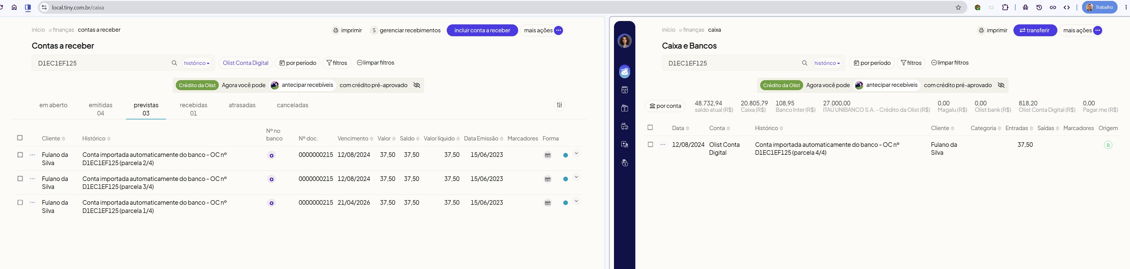 Observações da conta a receber com número do pedido de e-commerce preenchido