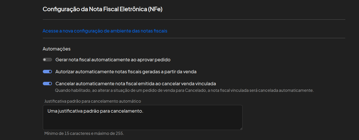 Configuração do parâmetro de cancelamento automático de NF-e