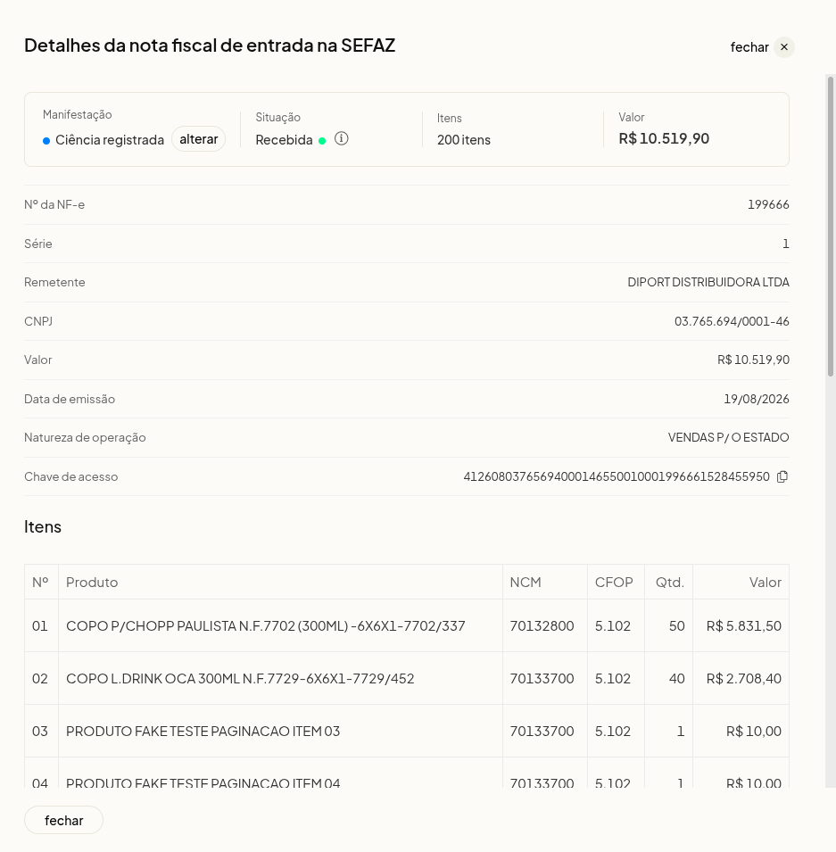 Modal com detalhes da nota fiscal no Buscador