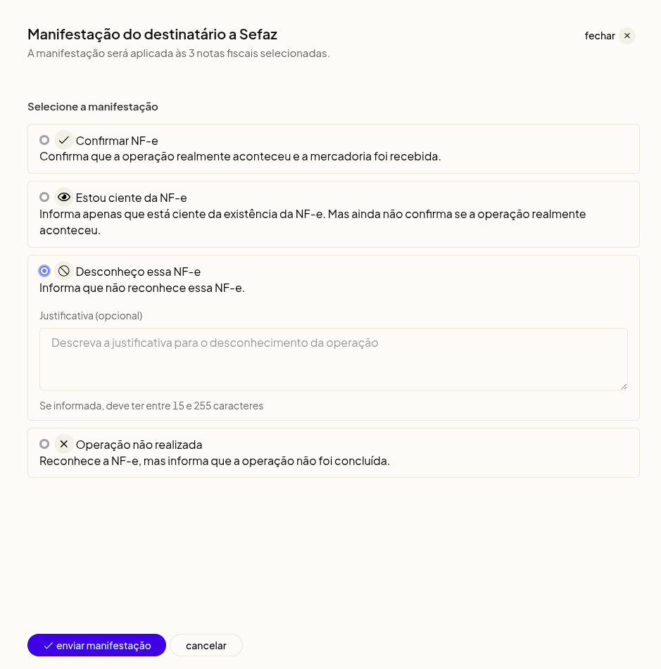 Campo de justificativa na manifestação de desconhecimento