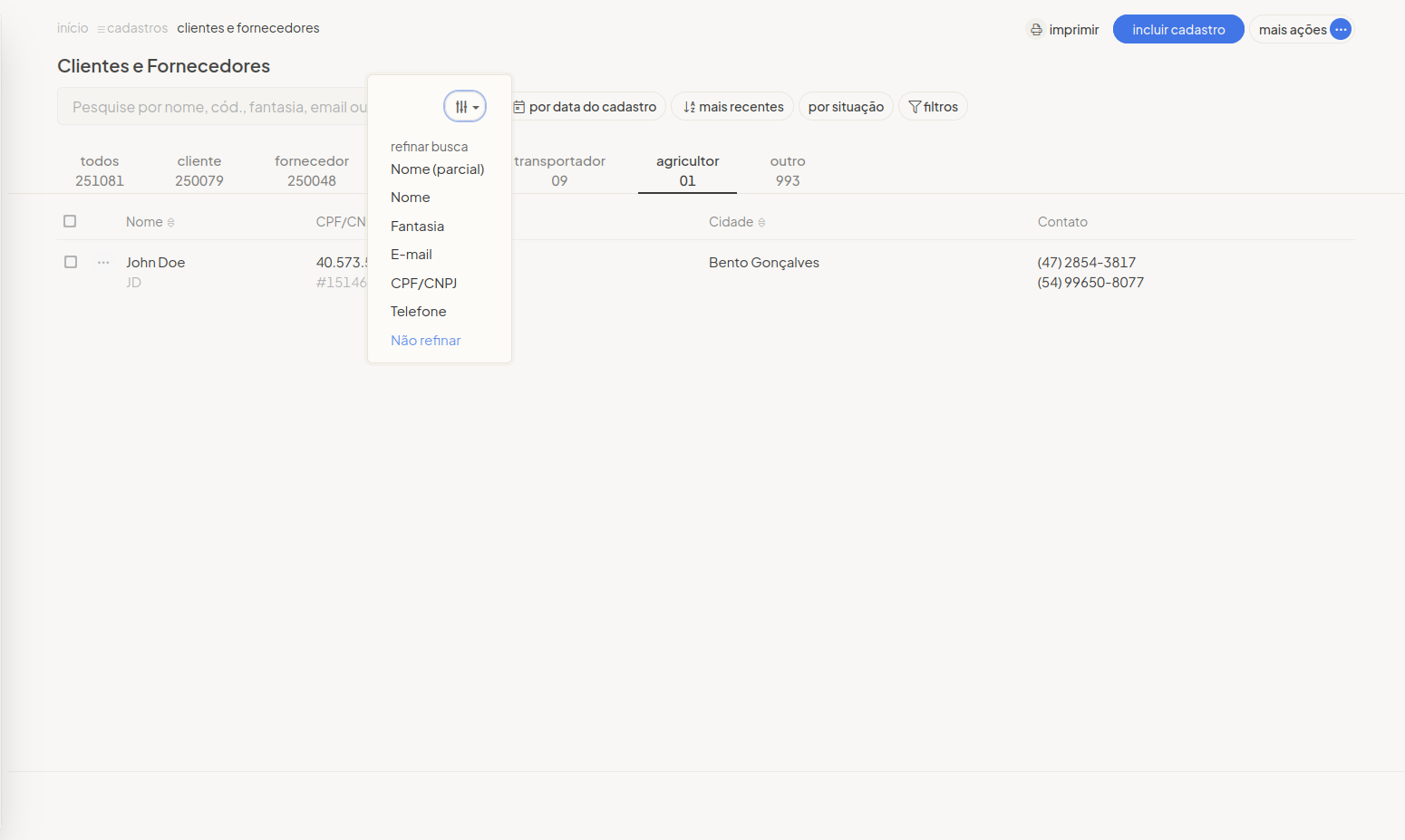 Melhorias nos filtros da listagem de contatos