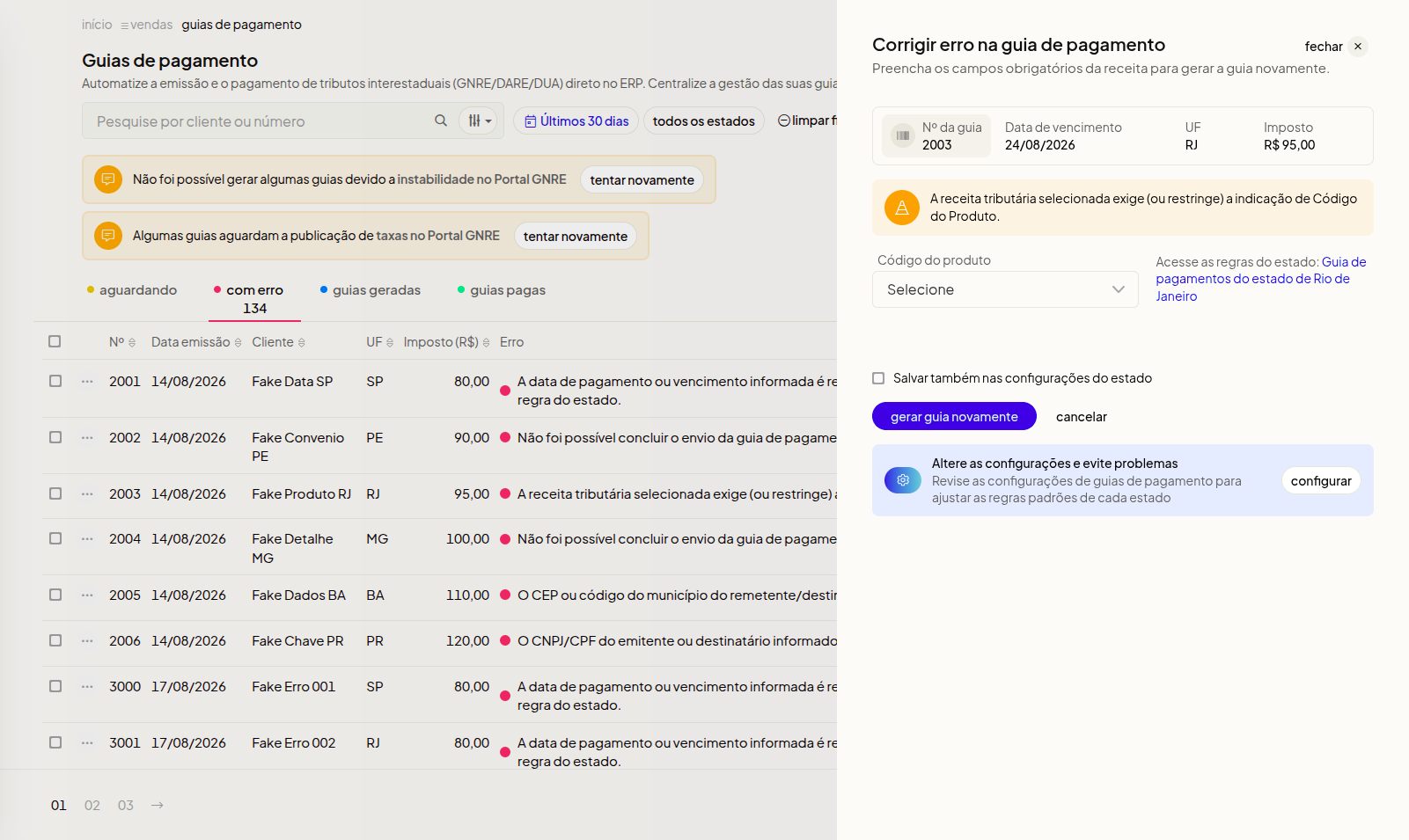 Modal para corrigir dados de uma guia GNRE com erro