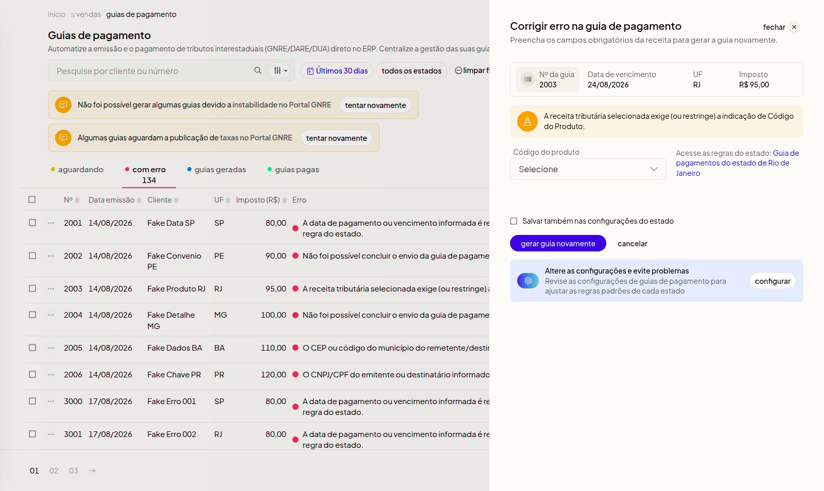 Modal para corrigir dados de uma guia GNRE com erro
