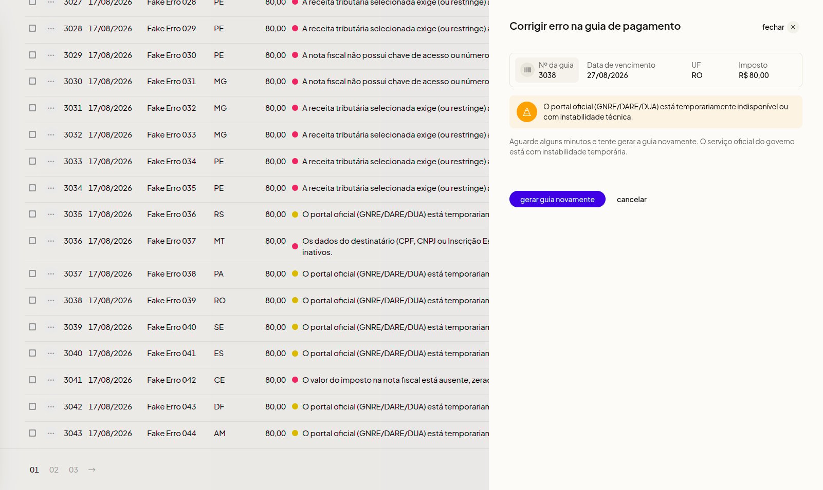 Modal com erro de instabilidade do portal estadual
