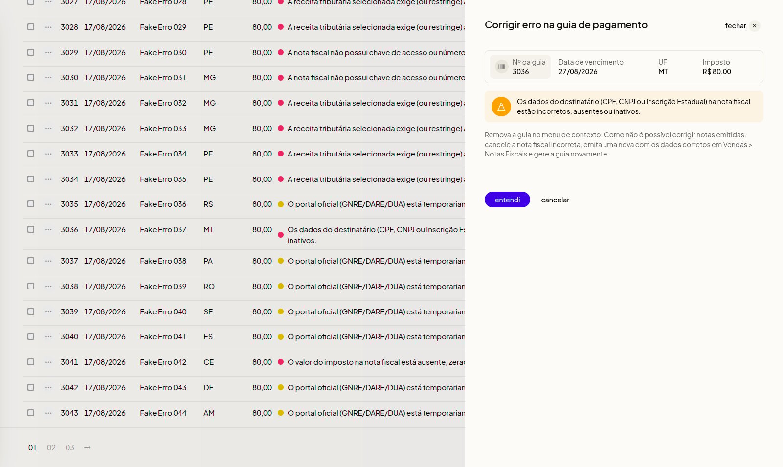 Modal com orientação de como resolver o erro da guia GNRE