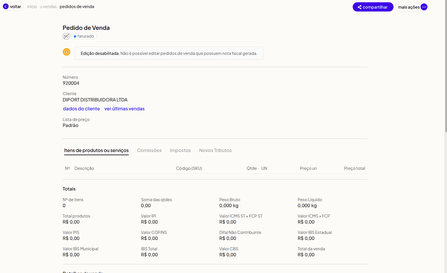 Pedido com NFC-e cancelada mostrando ícone com risco