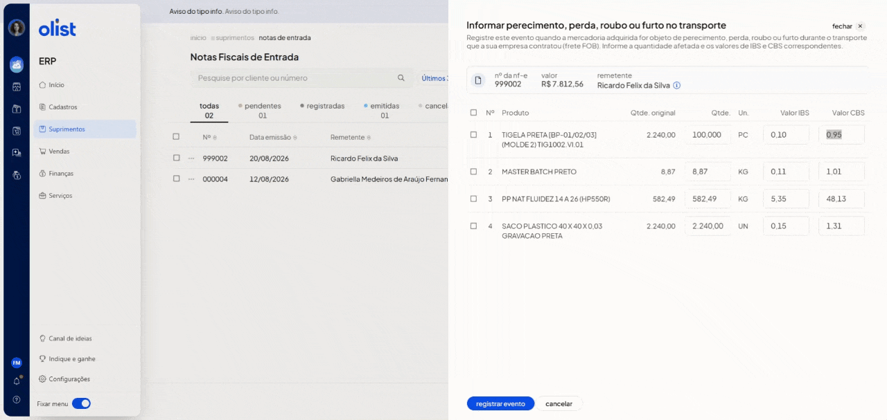 Registro de evento de perecimento em nota de entrada