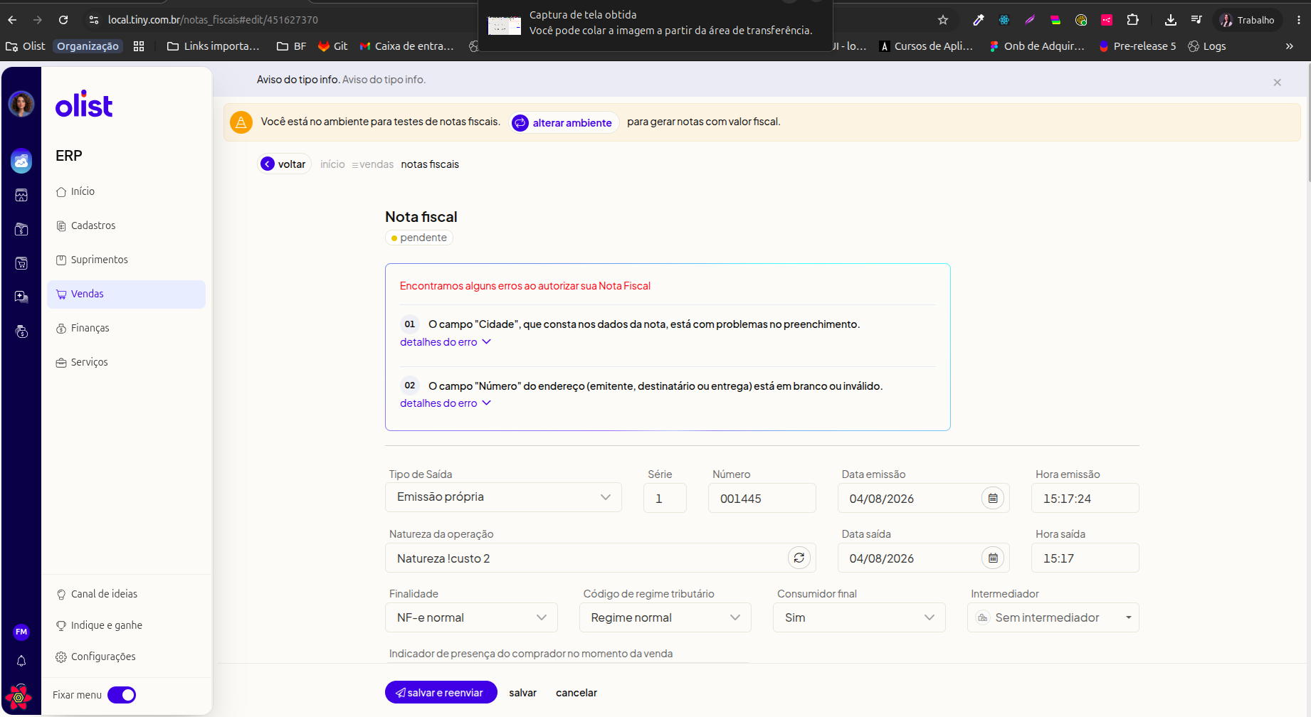 Painel de correção de erro de formato da NF-e