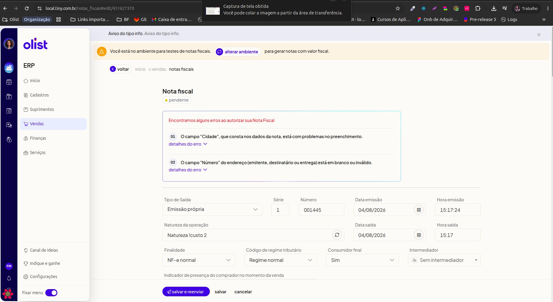 Painel de correção de erro de formato da NF-e