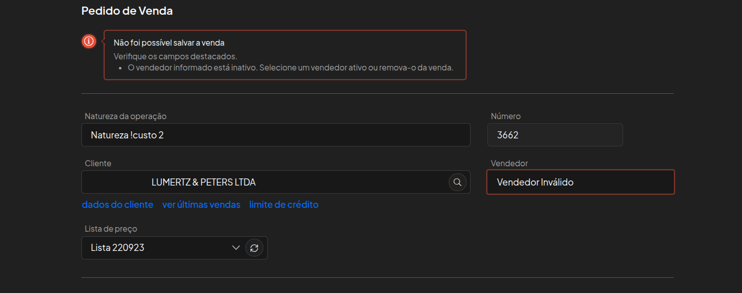 Mensagem de validação de vendedor inativo ao salvar pedido