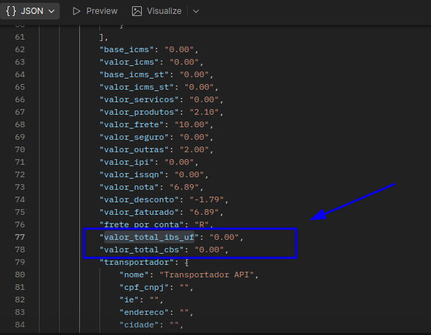 Exemplo de resposta da API com os novos campos de tributos