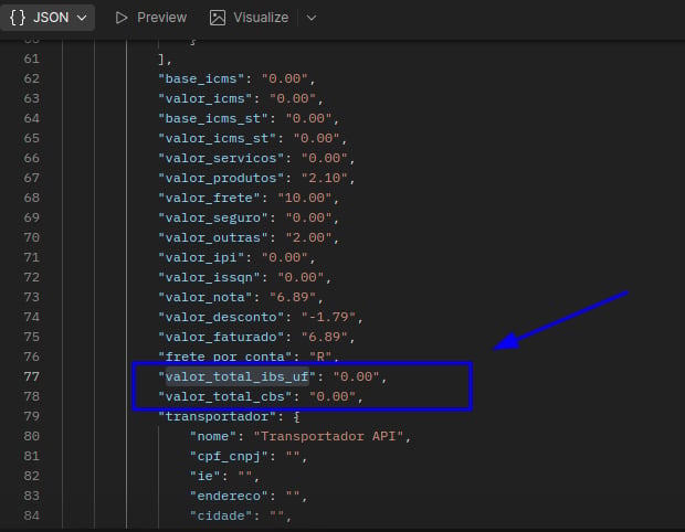 Exemplo de resposta da API com os novos campos de tributos