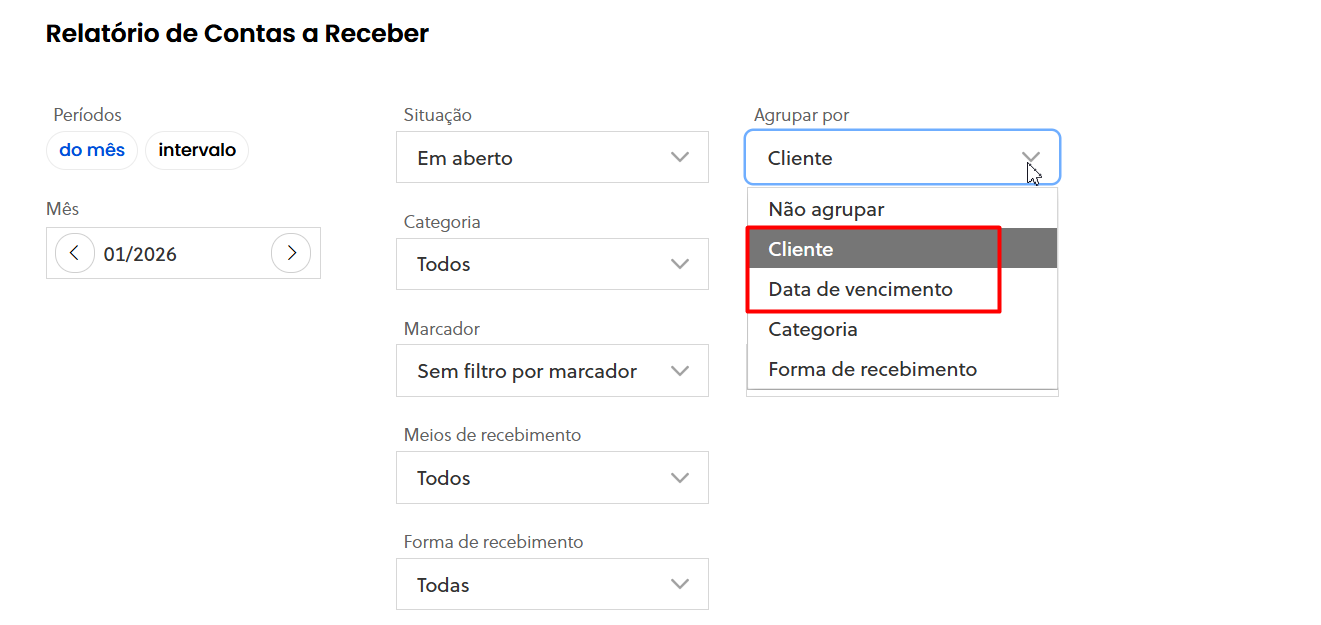 Exemplo de filtros aplicados no relatório de contas a receber