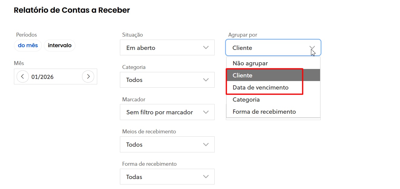 Exemplo de filtros aplicados no relatório de contas a receber