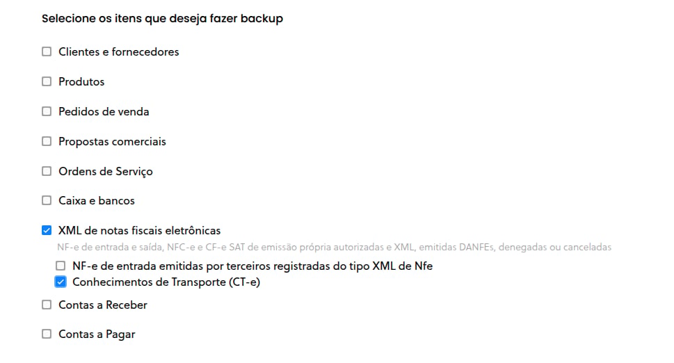 Opção de CT-e na tela de agendamento de backup