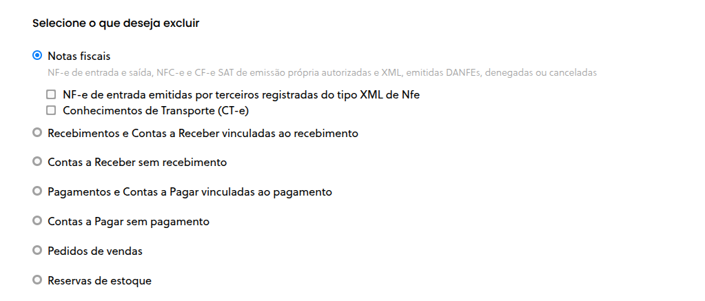 Opção de CT-e na tela de agendamento de exclusão