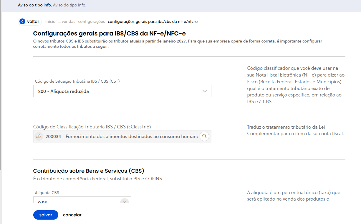 Nova tela de configuração dos tributos da Reforma Tributária